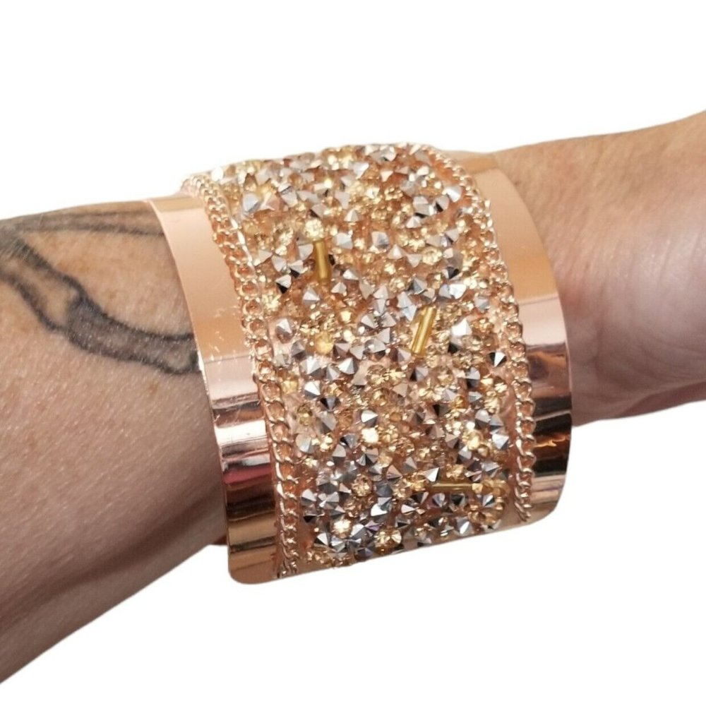 Copper Rose Gold Rhinestone Crush Glass Silver Studs Beaded Metal Cuff Bracelet - Picture 4 of 12